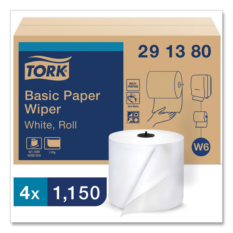 Paper Wiper Roll Towel, 1-Ply, 7.68" x 1,150 ft, White, 4 Rolls/Carton
