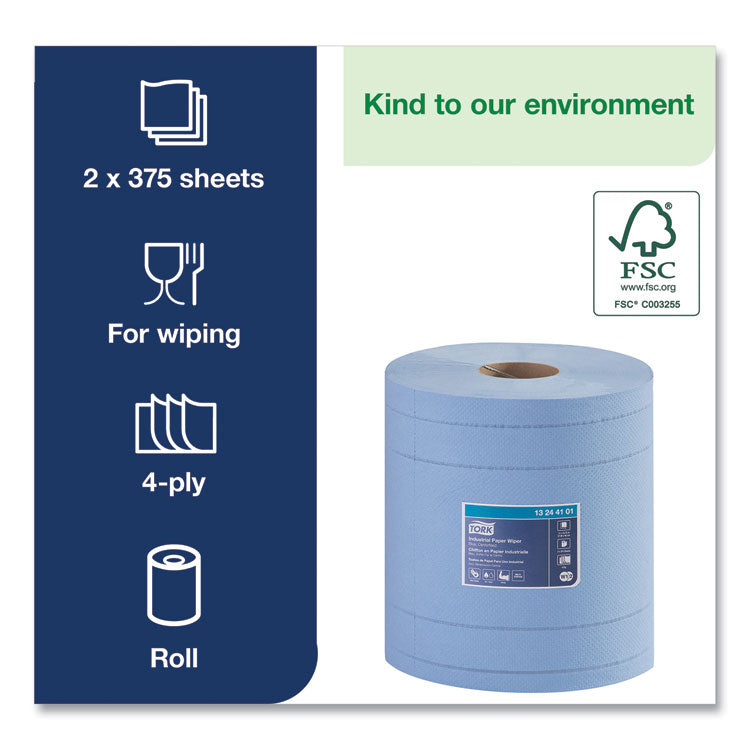 Industrial Paper Wiper, 4-Ply, 11 x 15.75, Unscented, Blue, 375 Wipes/Roll, 2 Rolls/Carton