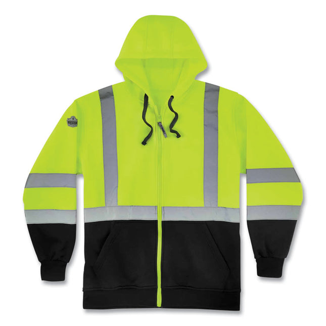 GloWear 8372 ZipUp HiVis Class 3 Zip Hooded Sweatshirt with Black Bottom, Polar Fleece, Lime, 4X-Large