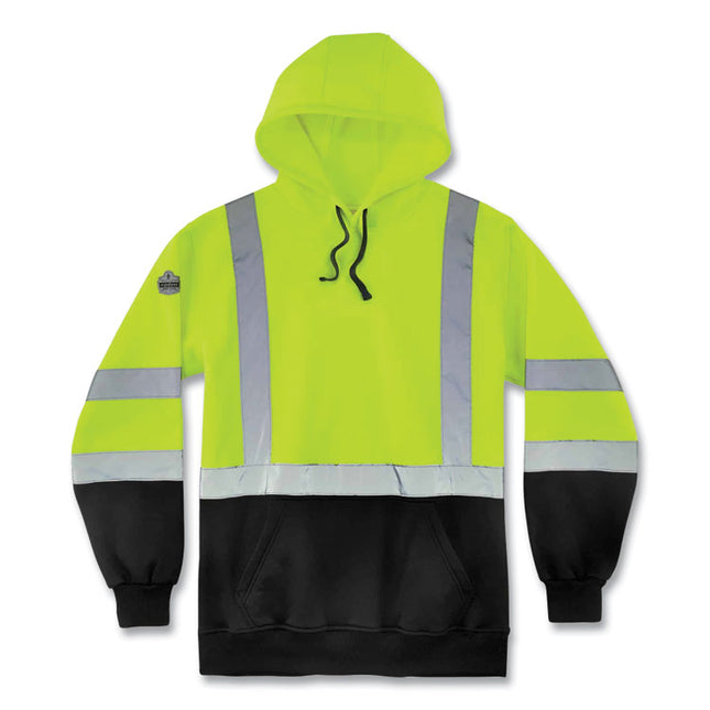 GloWear 8373 Hi-Vis Class 3 Hooded Sweatshirt with Black Bottom, Polar Fleece, Lime, Medium