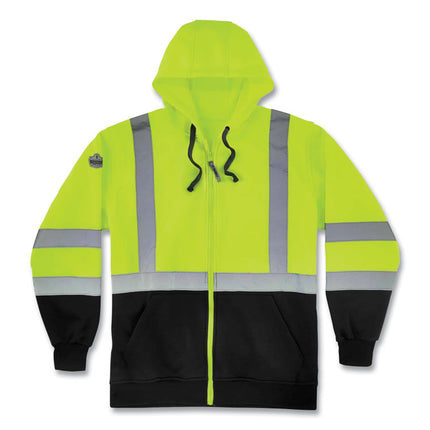 GloWear 8372 ZipUp HiVis Class 3 Zip Hooded Sweatshirt with Black Bottom, Polar Fleece, Lime, X-Large