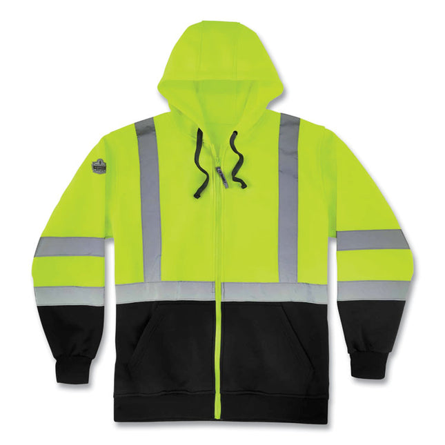 GloWear 8372 ZipUp HiVis Class 3 Zip Hooded Sweatshirt with Black Bottom, Polar Fleece, Lime, X-Large