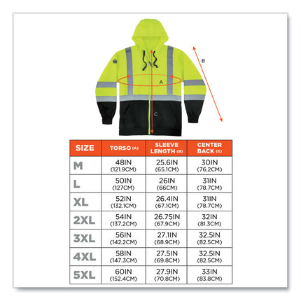 GloWear 8372 ZipUp HiVis Class 3 Zip Hooded Sweatshirt with Black Bottom, Polar Fleece, Lime, Large