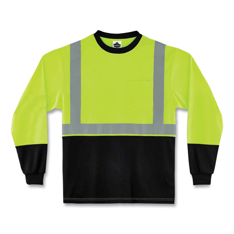GloWear 8291BK Type R Class 2 Black Front Long Sleeve T-Shirt, Polyester, Large, Lime
