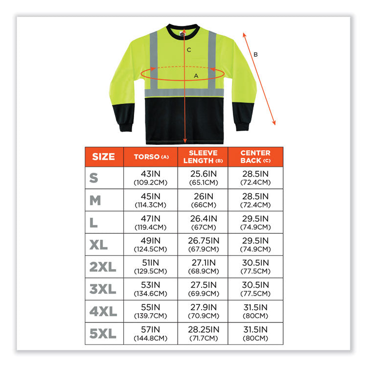 GloWear 8291BK Type R Class 2 Black Front Long Sleeve T-Shirt, Polyester, Large, Lime