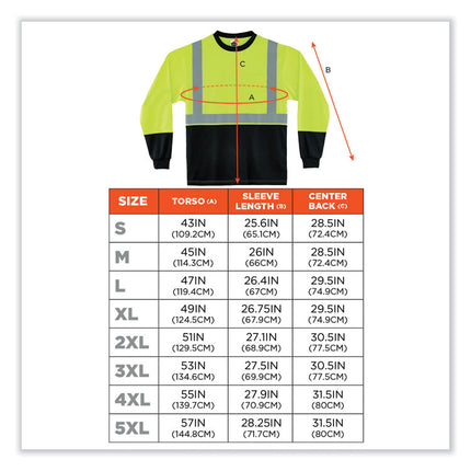 GloWear 8291BK Type R Class 2 Black Front Long Sleeve T-Shirt, Polyester, X-Large, Lime