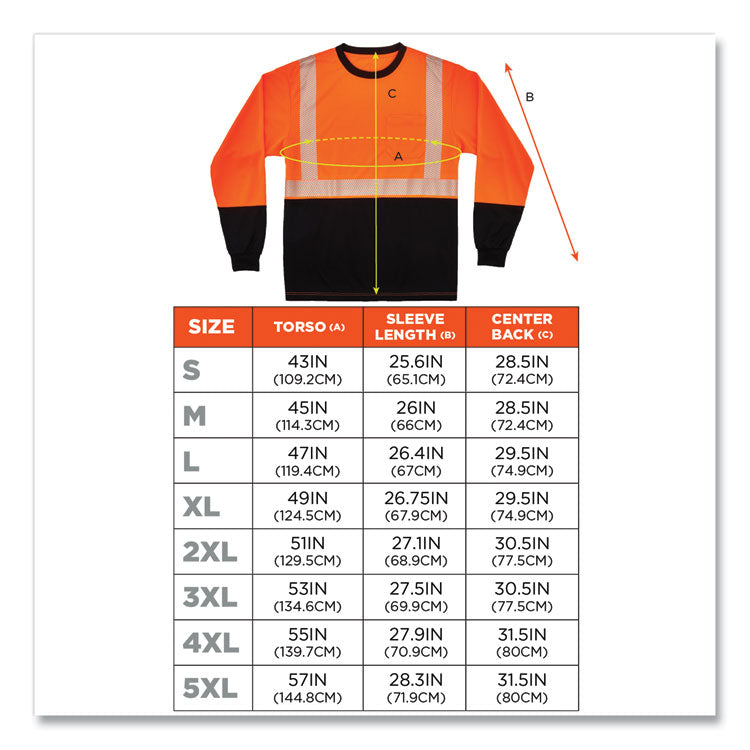 GloWear 8281BK Class 2 Long Sleeve Shirt with Black Bottom, Polyester, 2X-Large, Orange