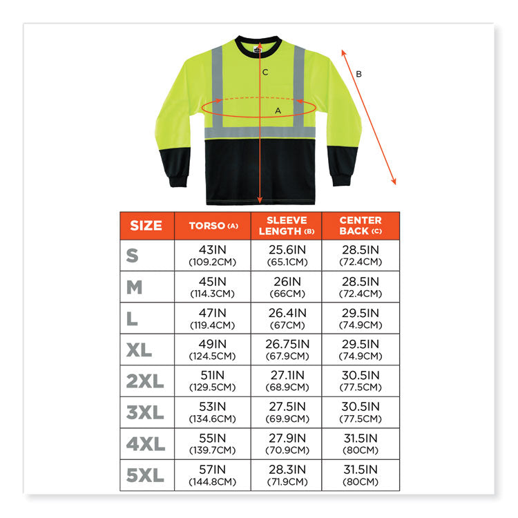 GloWear 8281BK Class 2 Long Sleeve Shirt with Black Bottom, Polyester, Large, Lime