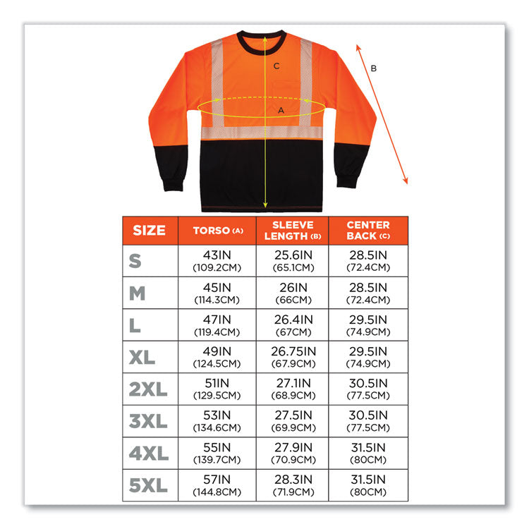 GloWear 8281BK Class 2 Long Sleeve Shirt with Black Bottom, Polyester, X-Large, Orange