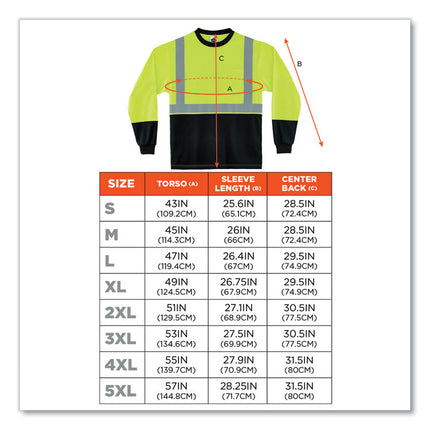 GloWear 8291BK Type R Class 2 Black Front Long Sleeve T-Shirt, Polyester, Small, Lime