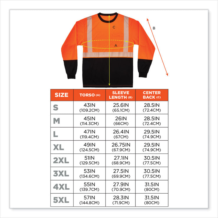GloWear 8281BK Class 2 Long Sleeve Shirt with Black Bottom, Polyester, 3X-Large, Orange