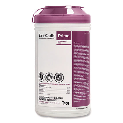 Sani-Cloth Prime Germicidal Disposable Wipes, Extra-Large, 1-Ply, 7.5 X 15, Unscented, White, 70/canister, 6 Canisters/carton