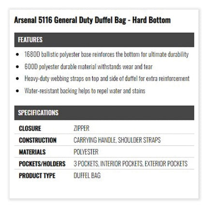 Arsenal 5116 General Duty Gear Bag, 9.5 x 23.5 x 12, Black