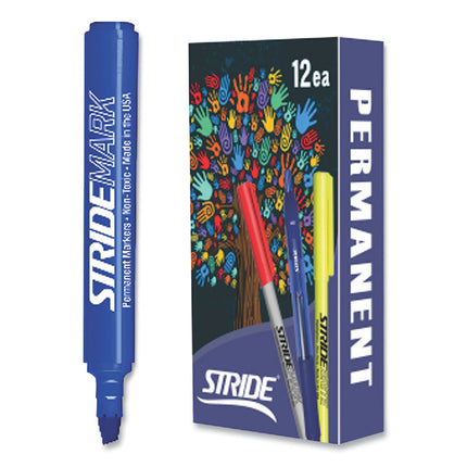 StrideMark Tank Permanent Marker, Broad Chisel Tip, Blue, 12/Pack