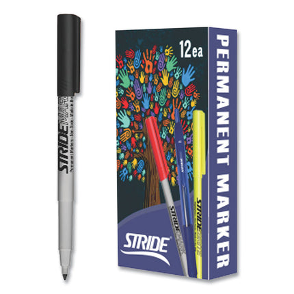 StrideMark Permanent Marker, Fine Bullet Tip, Black, 12/Box