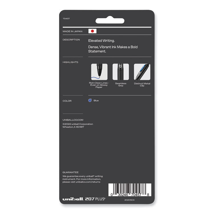 207 Plus+ Gel Pen, Retractable, Medium 0.7 mm, Blue Ink, Black Barrel, 4/Pack
