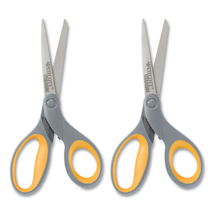 Titanium Bonded Scissors, 8" Long, 3.5" Cut Length, Straight Gray/Yellow Handle, 2/Pack