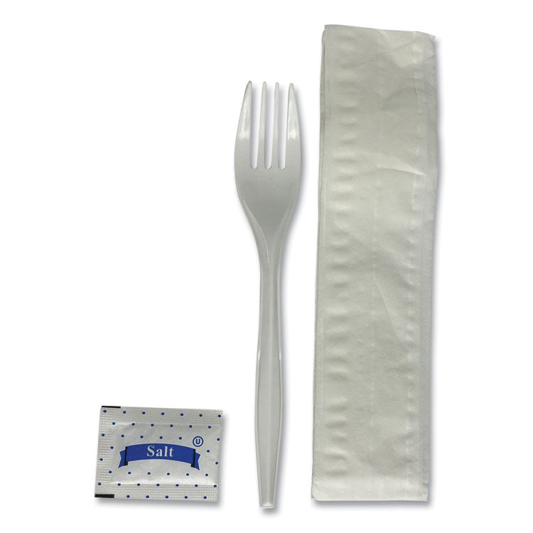 Three-Piece Utensil Set, Fork/Napkin/Salt, Plastic, White, 500/Carton
