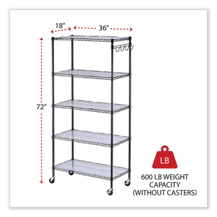 5-Shelf Wire Shelving Kit With Casters And Shelf Liners, 36w X 18d X 72h, Black Anthracite