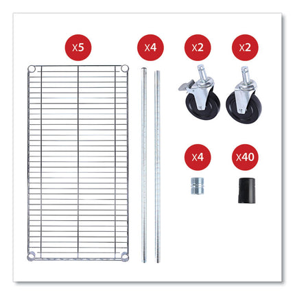 5-Shelf Wire Shelving Kit With Casters And Shelf Liners, 36w X 18d X 72h, Silver