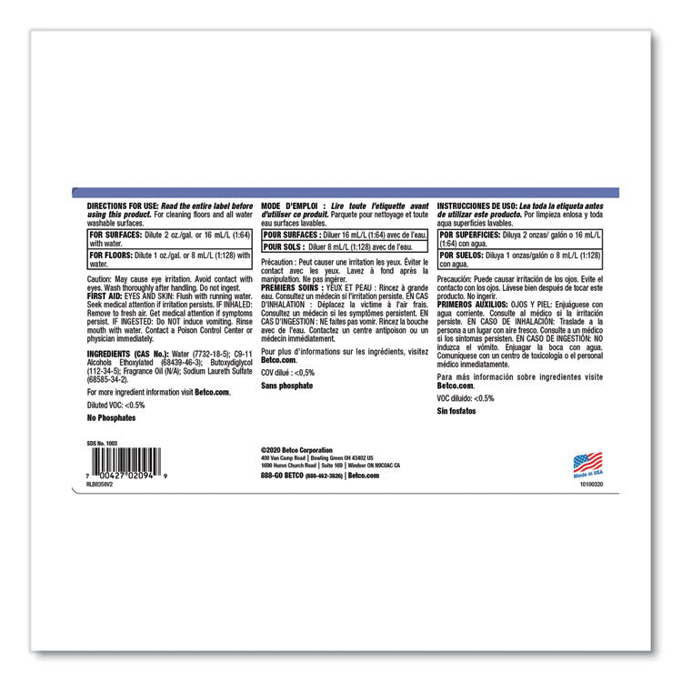 Spectaculoso Multipurpose Cleaner, Lavender Scent, 1 gal Bottle, 4/Carton