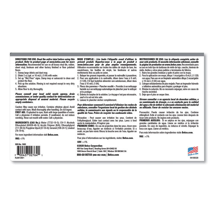 Reinforce Floor Cleaner and Protectant, Lemon Scent, 1 gal Bottle, 4/Carton