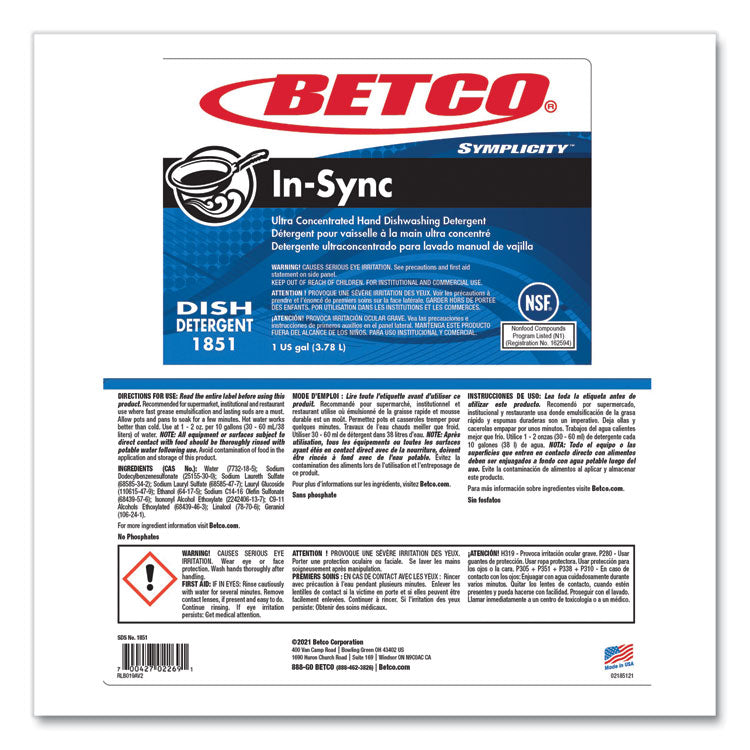 Symplicity In-Sync Premium Hand Dishwashing Detergent, Fresh Ozonic Scent, 1 gal Bottle, 4/Carton