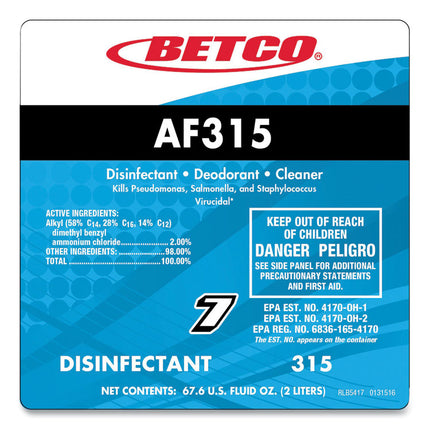AF315 Disinfectant Cleaner, Citrus Floral Scent, 2 L Bottle, 4/Carton