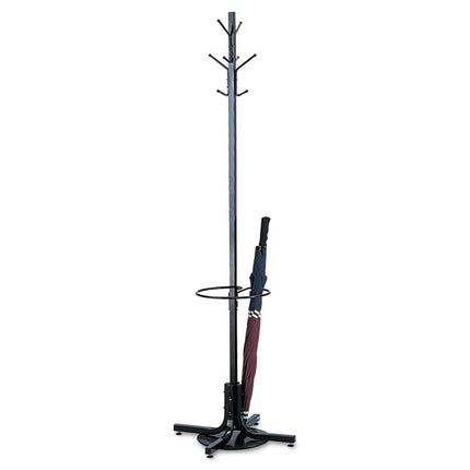 Metal Costumer with Umbrella Holder, Four Ball-Tipped Double-Hooks, 21w x 21d x 70h, Black
