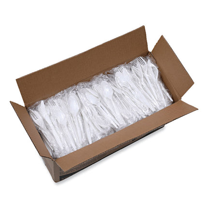 Three-Piece Cutlery Kit, Mediumweight, Fork/Knife/Spoon, Plastic, White, 250/Carton