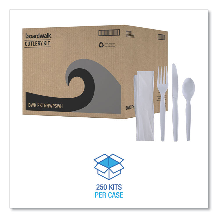 Four-Piece Cutlery Kit, Heavyweight, Fork/Knife/Napkin/Spoon, Plastic, White, 250/Carton