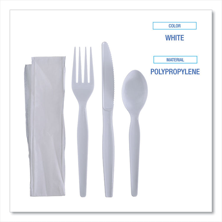 Four-Piece Cutlery Kit, Heavyweight, Fork/Knife/Napkin/Spoon, Plastic, White, 250/Carton