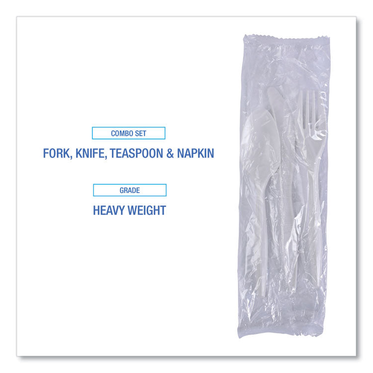 Four-Piece Cutlery Kit, Heavyweight, Fork/Knife/Napkin/Spoon, Plastic, White, 250/Carton