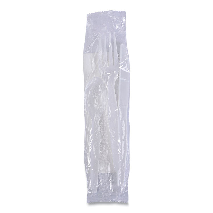 Four-Piece Cutlery Kit, Heavyweight, Fork/Knife/Napkin/Spoon, Plastic, White, 250/Carton
