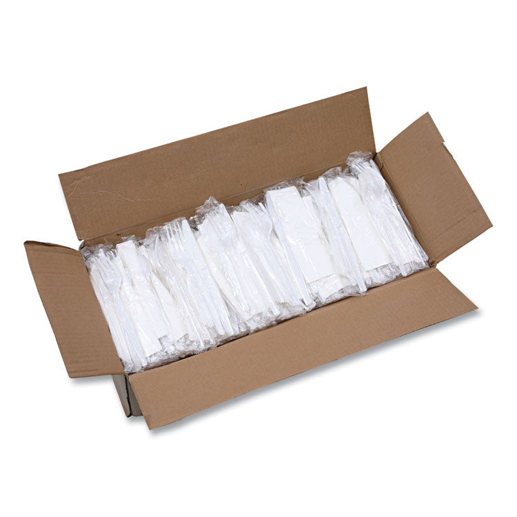 Four-Piece Cutlery Kit, Heavyweight, Fork/Knife/Napkin/Spoon, Plastic, White, 250/Carton