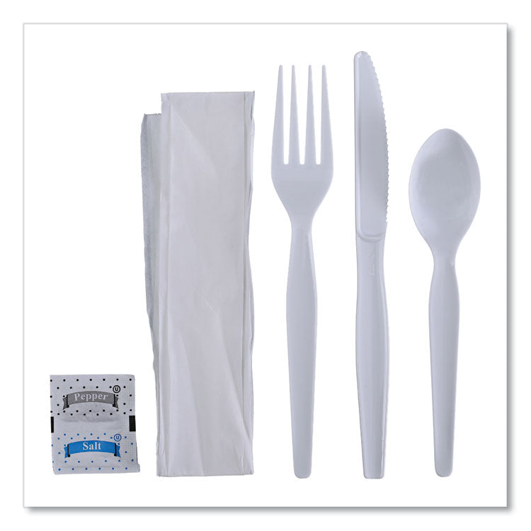 Six-Piece Cutlery Kit, Heavyweight, Fork/Knife/Napkin/Pepper/Salt/Spoon, Plastic, White, 250/Carton