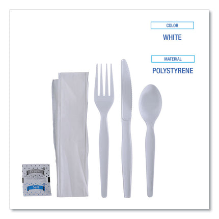 Six-Piece Cutlery Kit, Heavyweight, Fork/Knife/Napkin/Pepper/Salt/Spoon, Plastic, White, 250/Carton