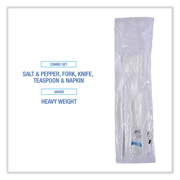 Six-Piece Cutlery Kit, Heavyweight, Fork/Knife/Napkin/Pepper/Salt/Spoon, Plastic, White, 250/Carton