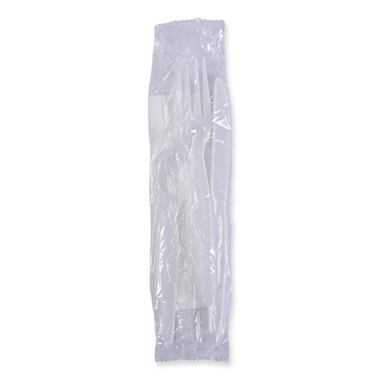 Six-Piece Cutlery Kit, Heavyweight, Fork/Knife/Napkin/Pepper/Salt/Spoon, Plastic, White, 250/Carton
