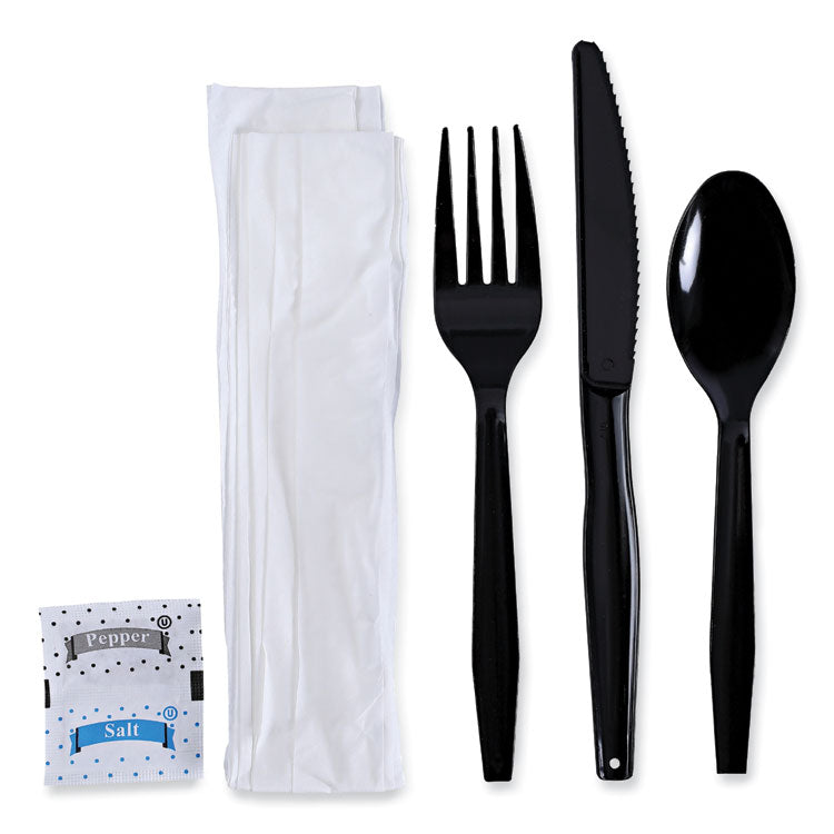 Six-Piece Cutlery Kit, Mediumweight, Fork/Knife/Napkin/Pepper/Salt/Spoon, Plastic, Black, 250/Carton