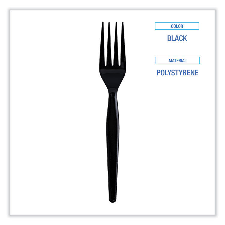 Heavyweight Wrapped Polystyrene Cutlery, Fork, Plastic, Black, 1,000/Carton