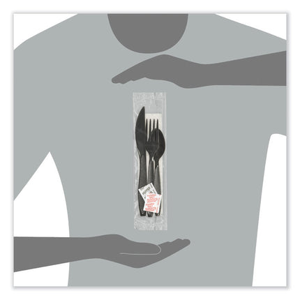 Impress Heavyweight Full-Length Polystyrene Cutlery Kit, Fork/Knife/Napkin/Pepper/Salt/Spoon, Plastic, Black, 750/Carton