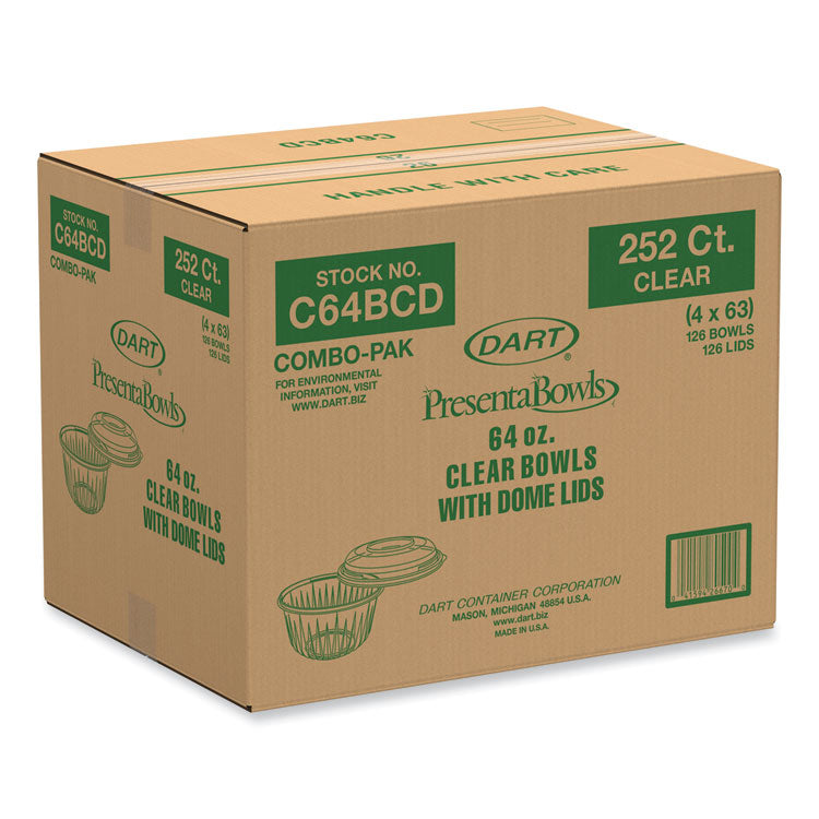 PresentaBowls Bowl/Lid Combo-Paks, 64 oz, Clear, Plastic, 126/Carton