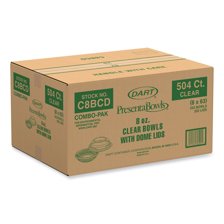 PresentaBowls Bowl/Lid Combo-Paks, 8 oz, Clear, Plastic, 63/Pack, 4 Pack/Carton