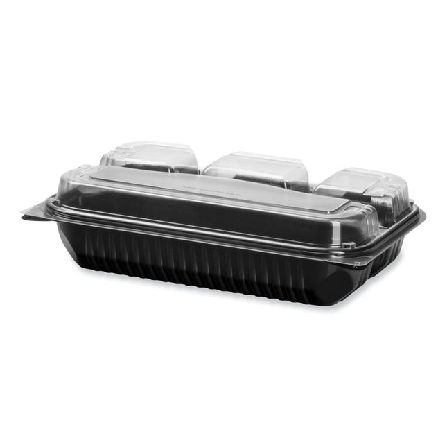 Creative Carryouts Hinged Plastic Hot Deli Boxes, 4 Compartments, 8.05 x 11.5 x 2.95, Black/Clear, 100/Carton