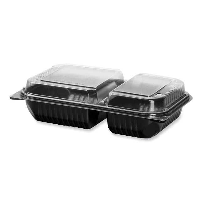Creative Carryouts Hinged Plastic Hot Deli Boxes, 2 Compartments, 8.05 x 11.5 x 2.95, Black/Clear, 100/Carton