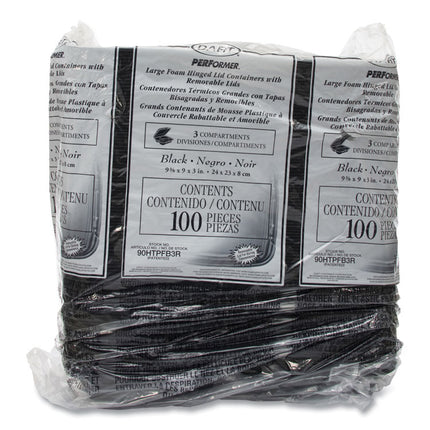 Insulated Foam Hinged Lid Containers, 3 Compartments, 9.01 x 9.4 x 3.1, Black, 200/Carton