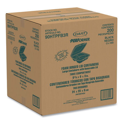 Insulated Foam Hinged Lid Containers, 3 Compartments, 9.01 x 9.4 x 3.1, Black, 200/Carton