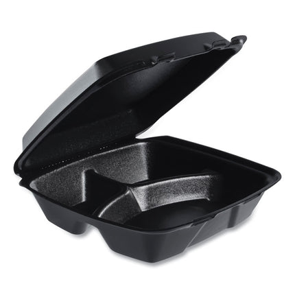 Insulated Foam Hinged Lid Containers, 3 Compartments, 9.01 x 9.4 x 3.1, Black, 200/Carton