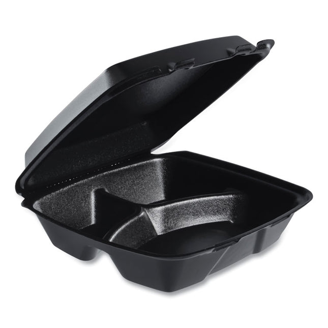 Insulated Foam Hinged Lid Containers, 3 Compartments, 9.01 x 9.4 x 3.1, Black, 200/Carton
